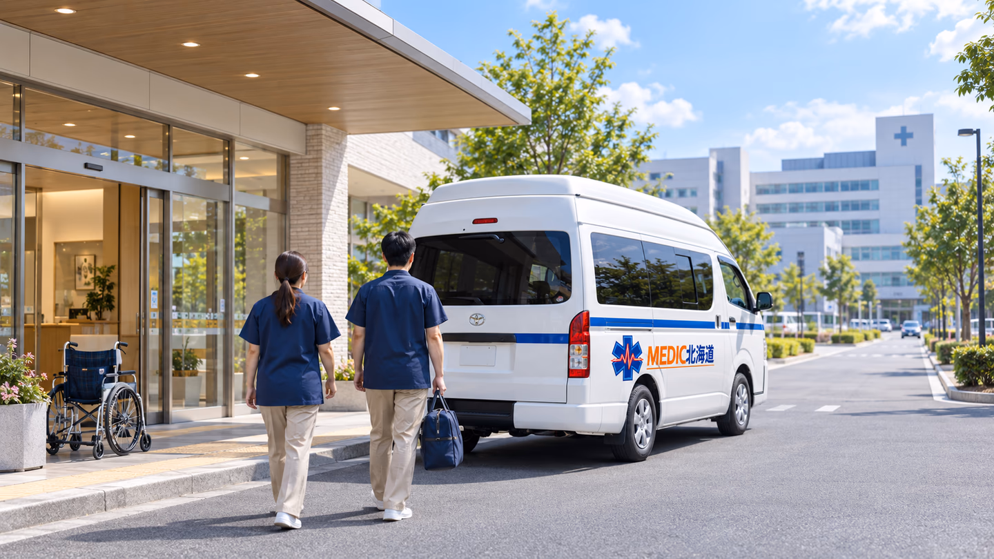 介護施設から病院への受診搬送を表現した民間救急車のイメージ